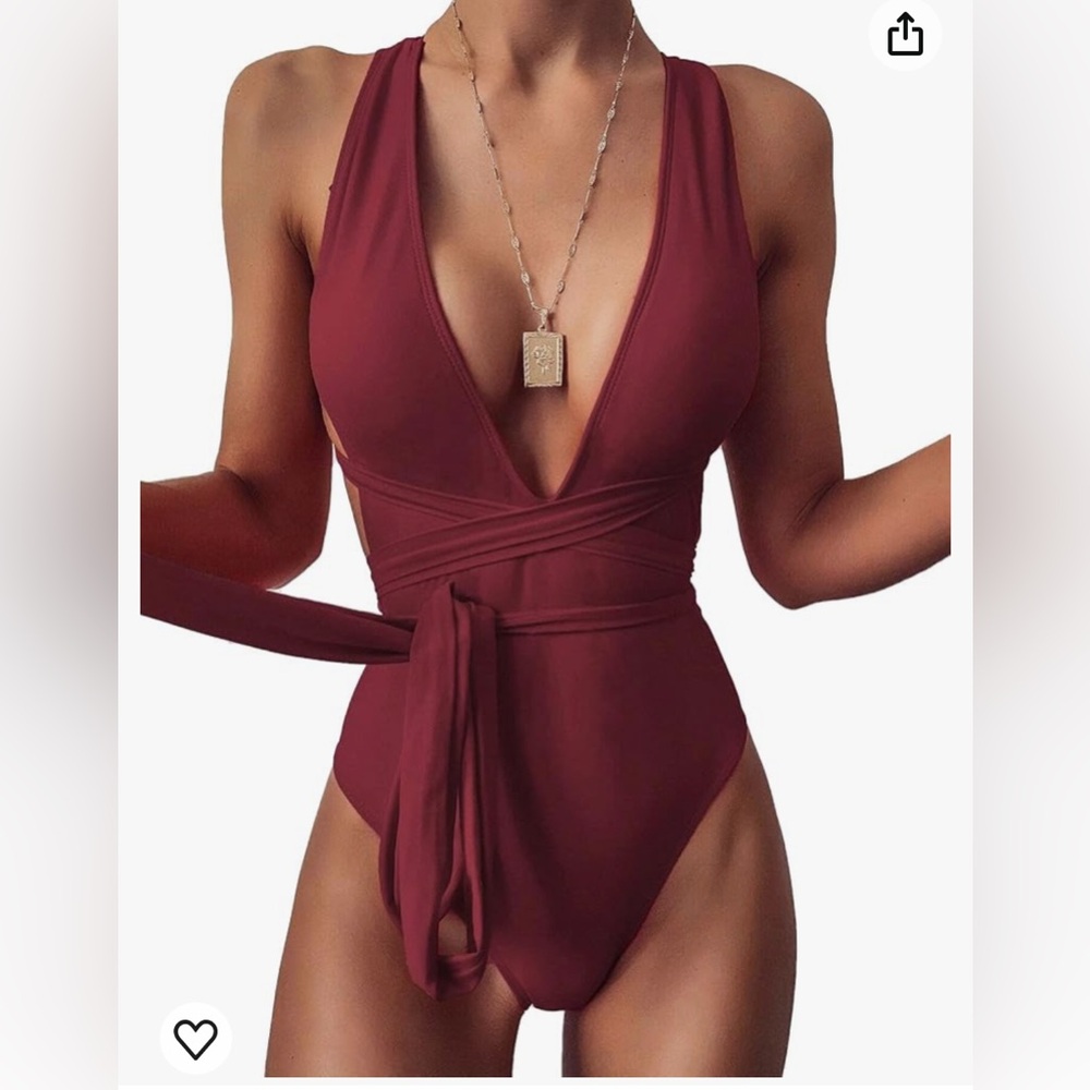 Cupshe Women's Size L Burgundy Halter Criss Cross Wrap Tie One-Piece Swimsuit